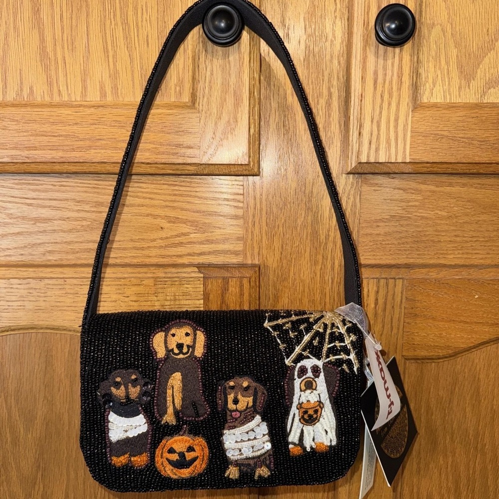 Black Beaded Embroidered Shoulder Bag Purse with Halloween Dogs, NWT India
